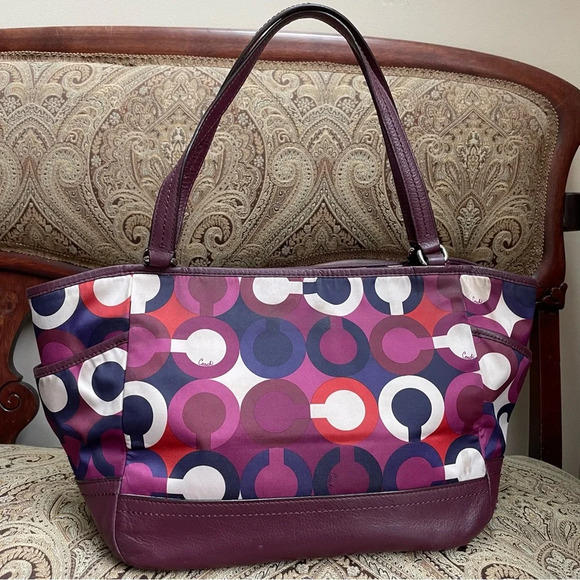 Coach F26843 Multicolor OP Art Sateen Signature Scarf Print Park Carrie Handbag - Picture 7 of 14